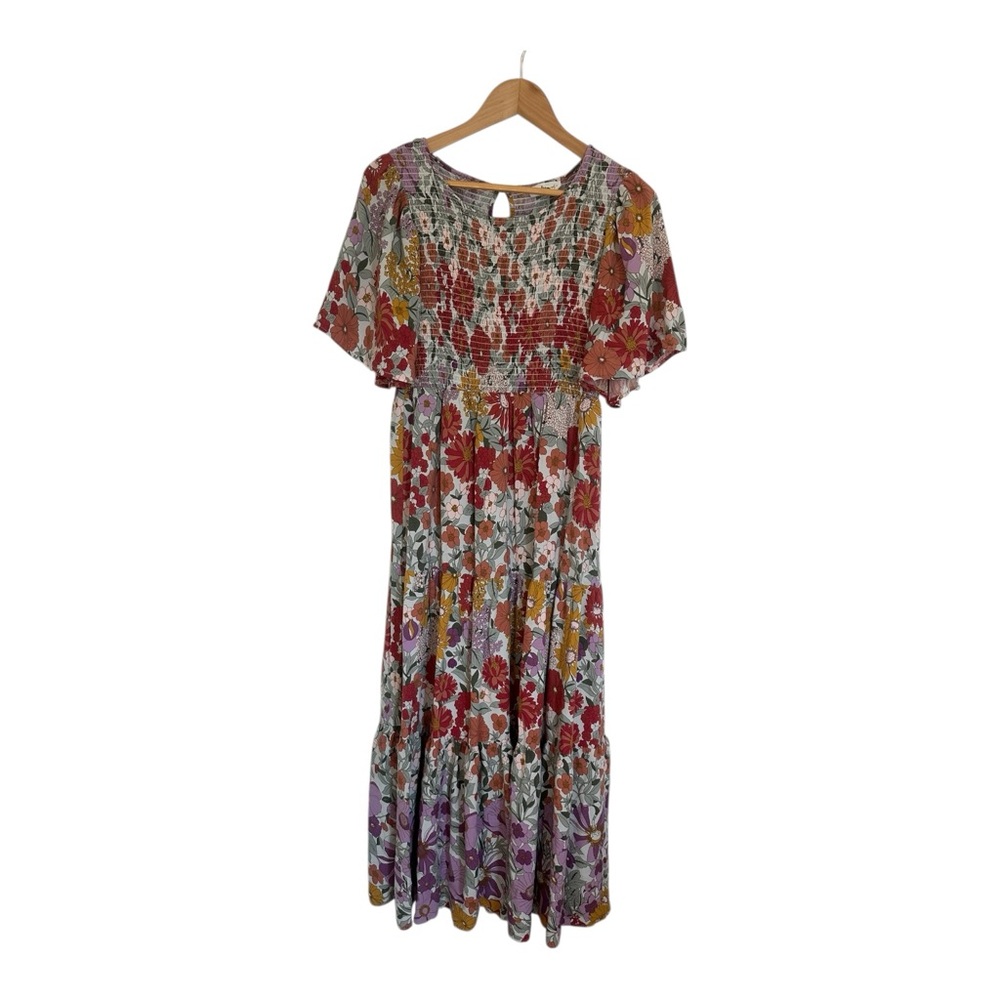 In Loom Tiered Smock Floral Multicolor Maxi Dress L - Picture 2 of 4